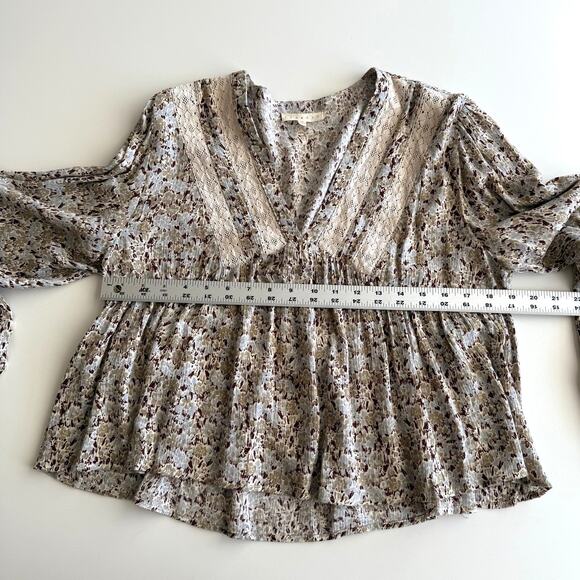 Promesa Lace Detail Shirred Swing Floral Peasant Sleeve V Neck Cropped Blouse M - Picture 7 of 8